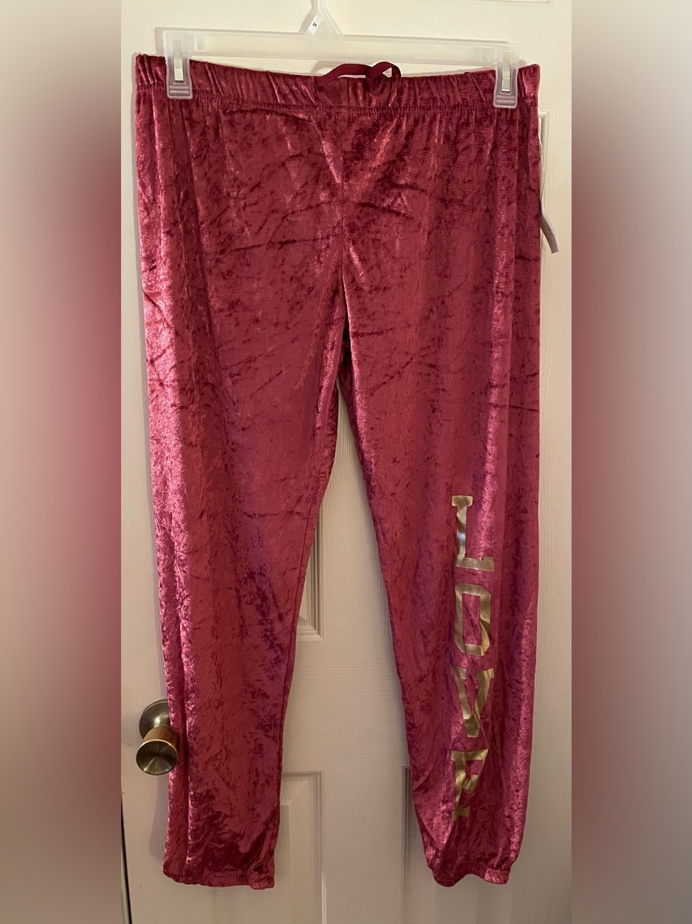 Women’s Crushed Velvet Red Lounge Joggers with Gold 'LOVE' Accent NWT Large